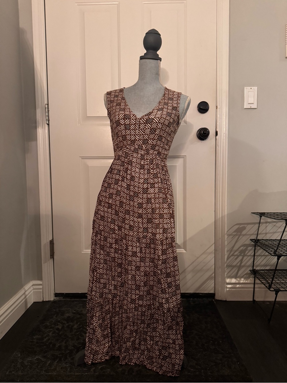 Sincerly Jules Brown & Cream Geometric V-Neck Maxi Dress